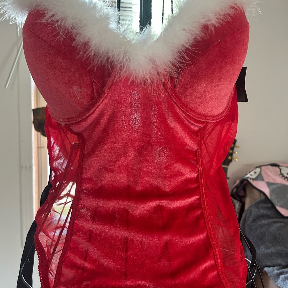 Red Sheer Bustier with White Fur Trim